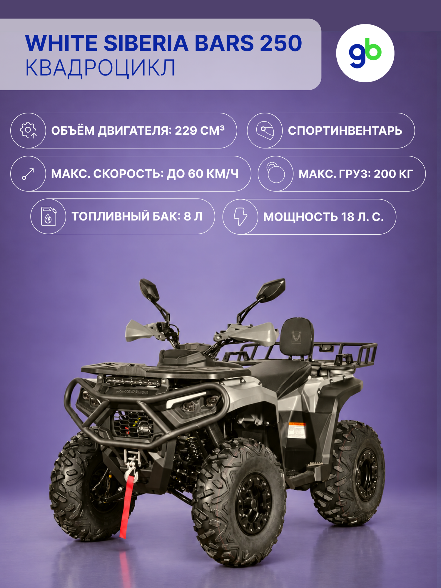 Бензиновый квадроцикл WHITE SIBERIA BARS 250 CC - Серый цвет