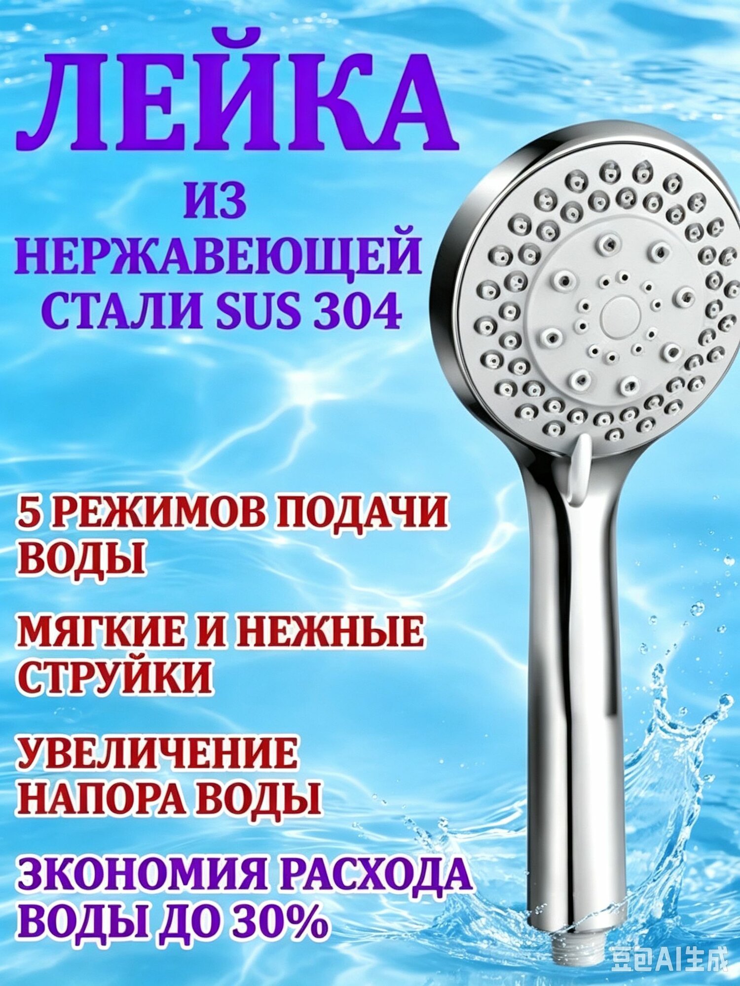 Душевая лейка для душа металлическая из нержавеющей стали, массажная/ Насадка для душа с 5-ю режимами