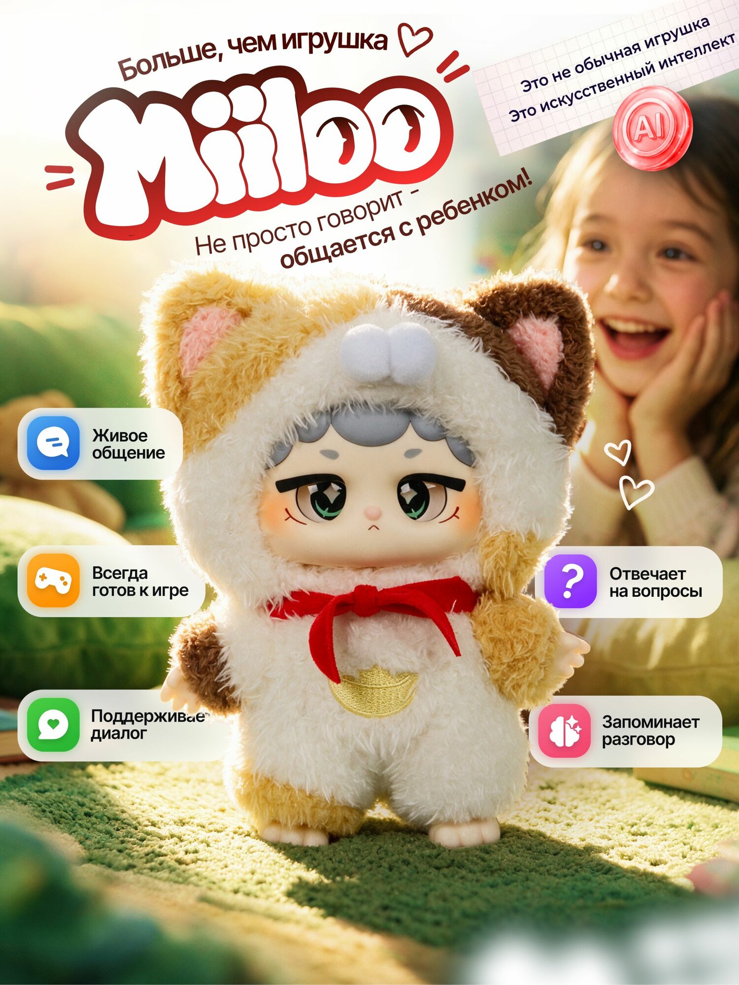 Интерактивный умный робот-игрушка для детей MIILOO AI Smart Companion Милу Трехцветный с ИИ, Wi-Fi и анализом эмоций, перезаряжаемая плюшевая игрушка дет