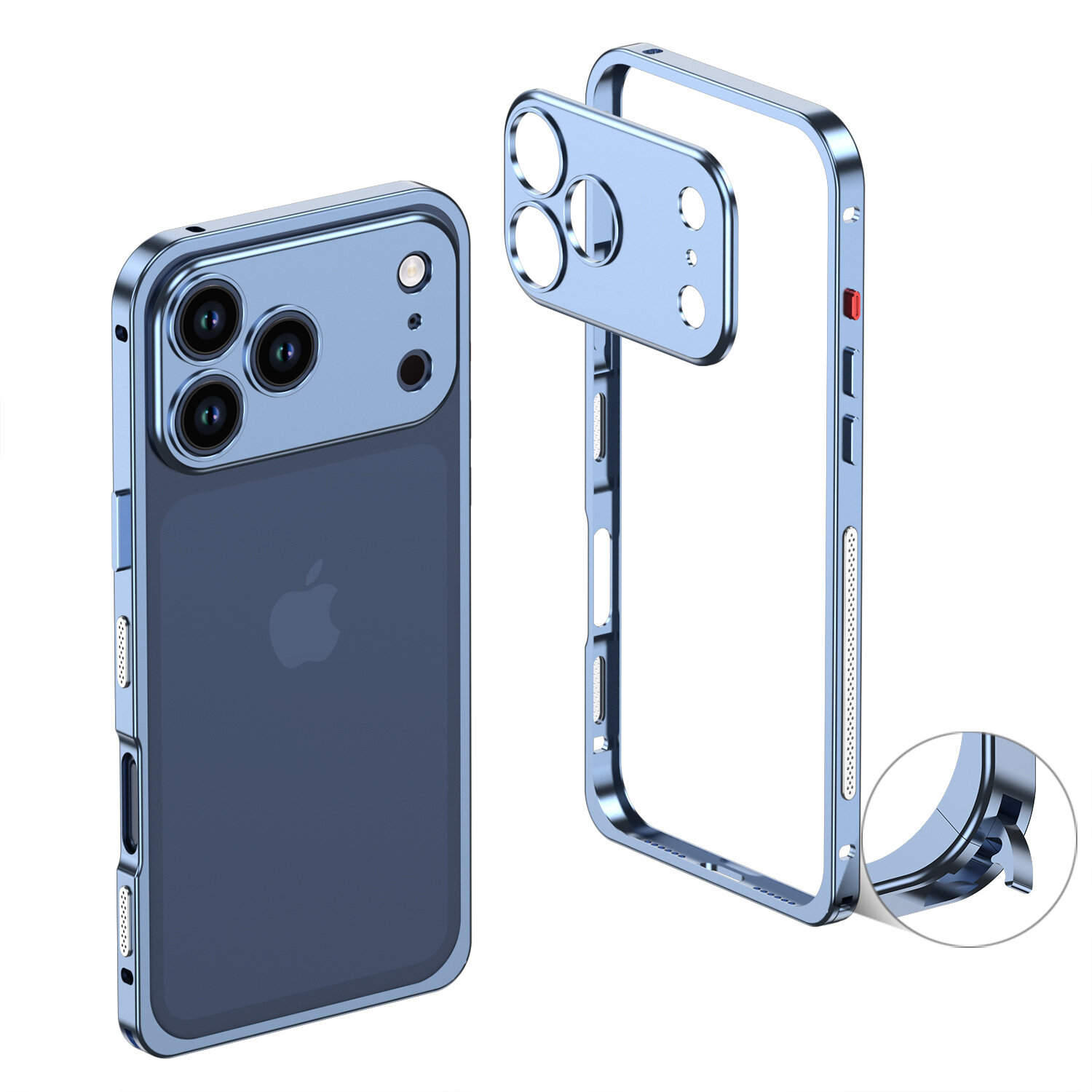 Голубой Металлический Чехол-Рамка с Клипом и Защитой Камеры для iPhone 17