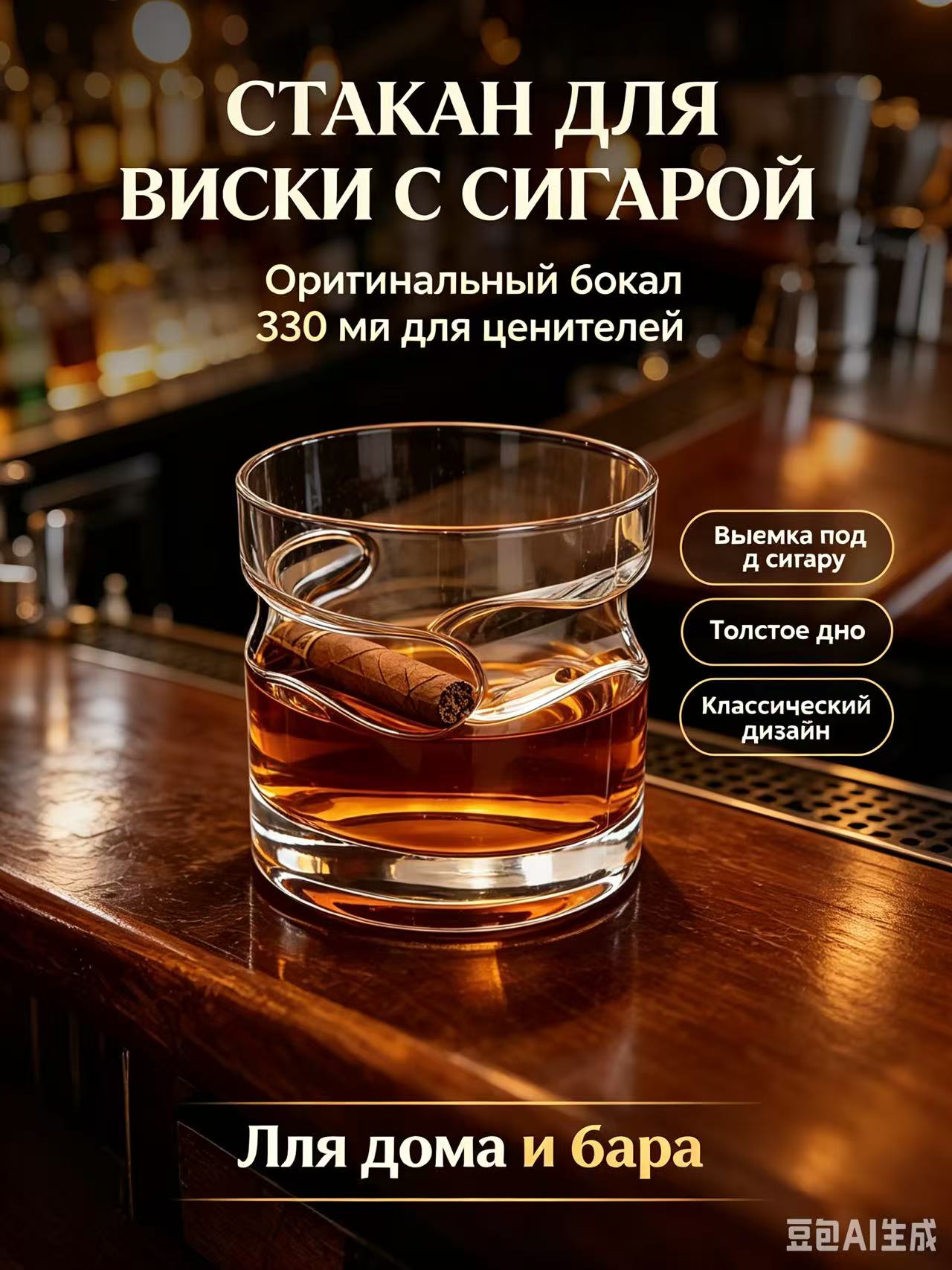 Стакан для виски с выемкой под сигару, 330 мл, классический дизайн, толстостенный стеклянный бокал для бара и дома