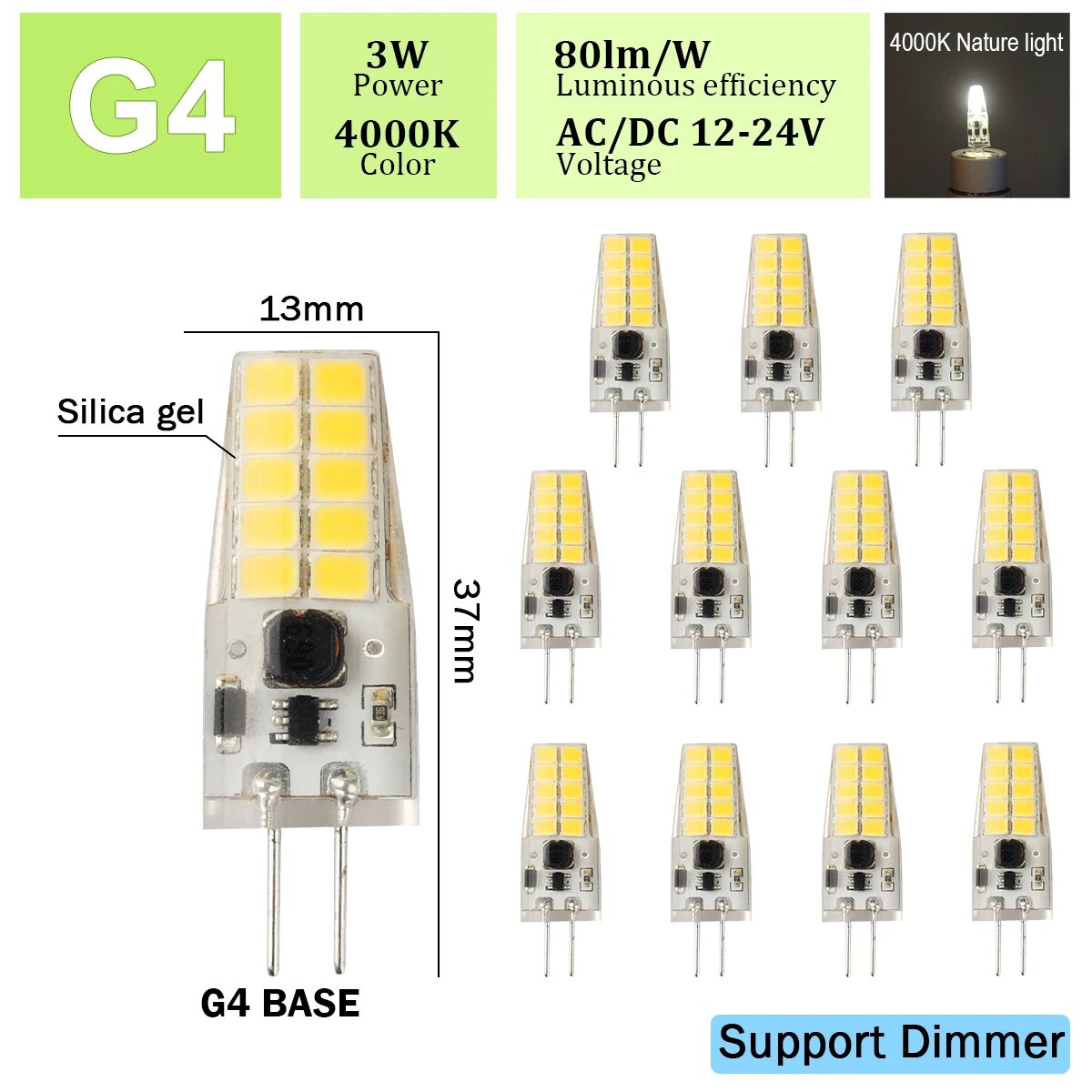 12 шт. светодиодная лампа Gatetop G4 теплый белый свет Желтый, 3W 4000K Dimmable