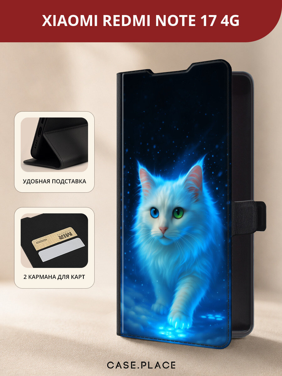 Чехол-книжка на Xiaomi Redmi Note 17 4G / Сяоми Редми Нот 17 4G с принтом Кошка с разноцветными глазами, черный