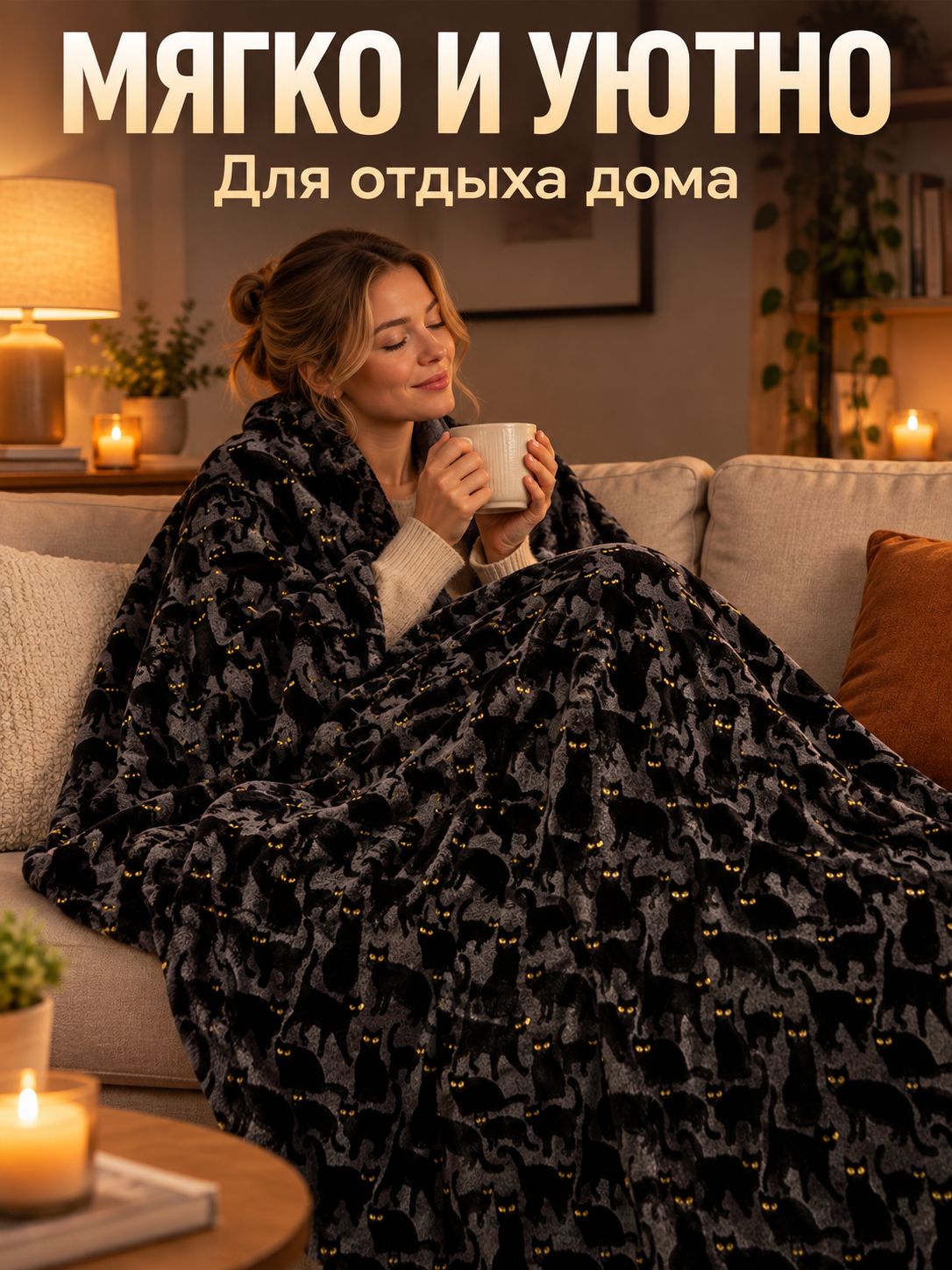 Плед 80x120 см чёрный полиэстер двусторонний с принтом, 3d-эффект призраки и тыквы, мягкая плюшевая текстура