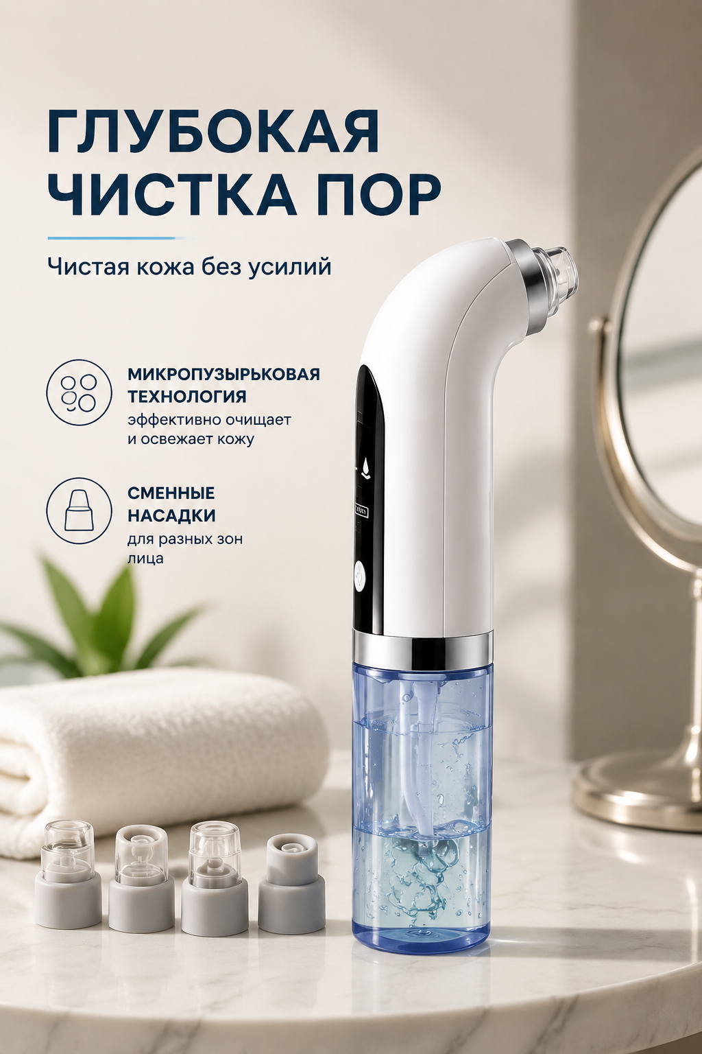 Вакуумный очиститель пор для лица с микропузырьковой чисткой и сменными насадками