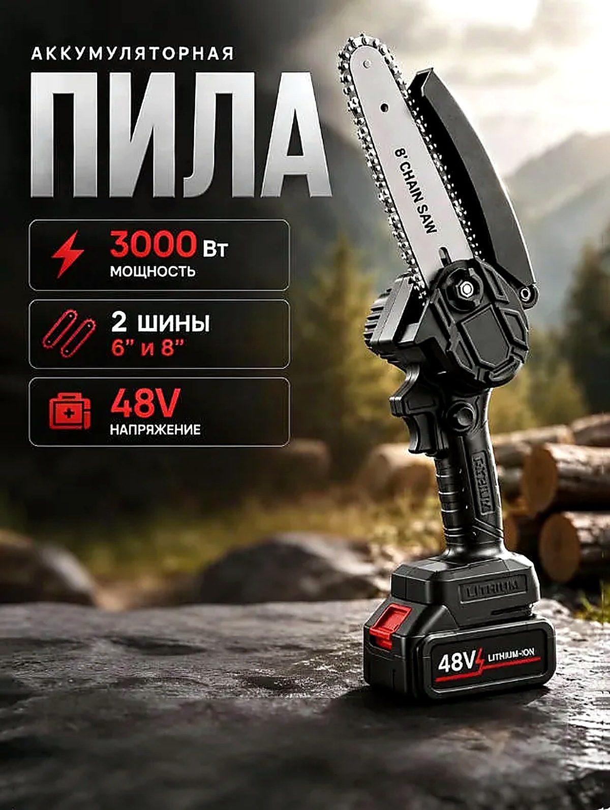 Пила аккумуляторная садовая, 4дюймов, мощность 3000 Вт, 20x15x15 см, бензопилы цепные