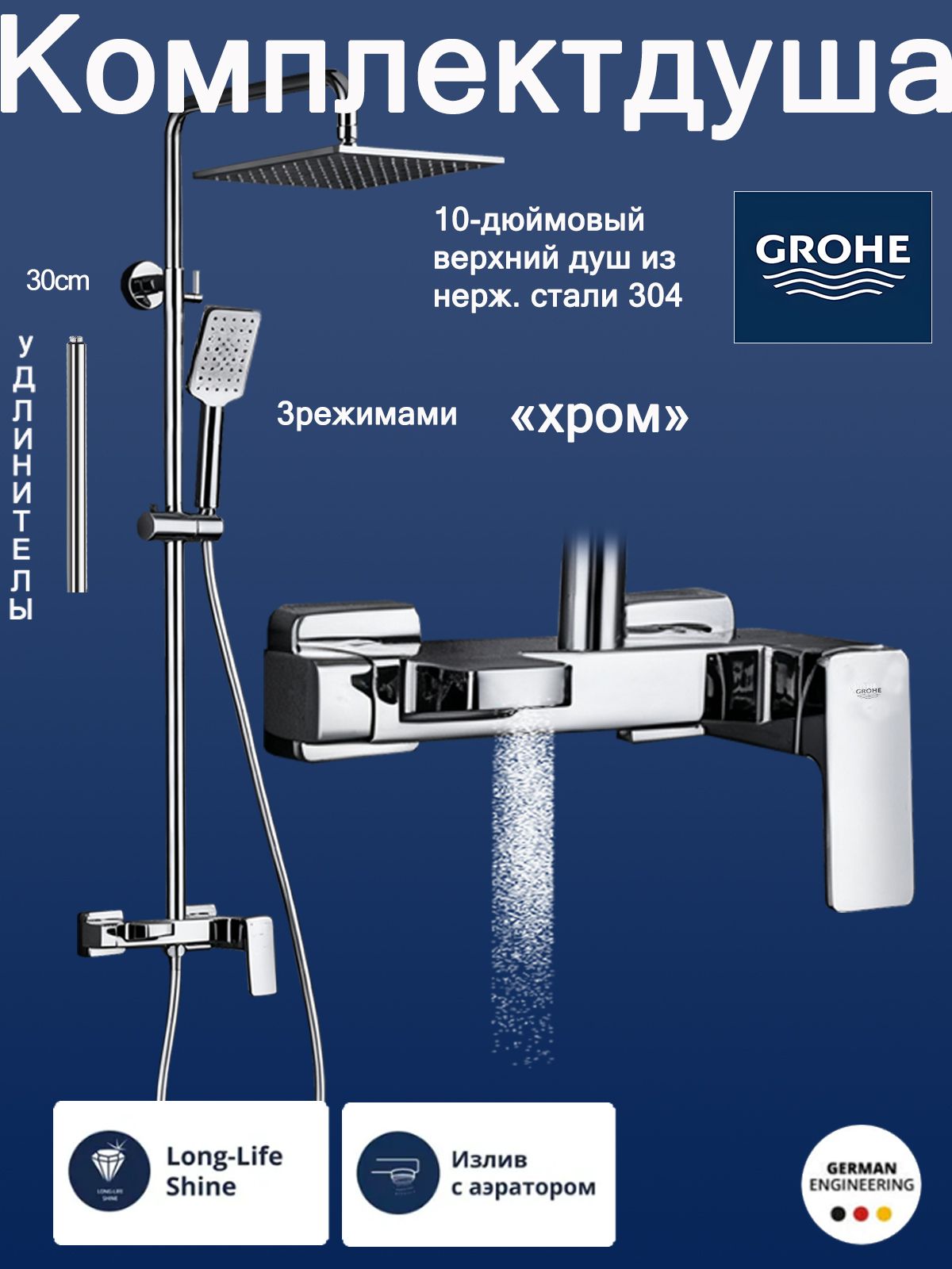 GROHE Душевая система с тропическим душем, ручной душ 3 режима, смеситель с изливом водопад
