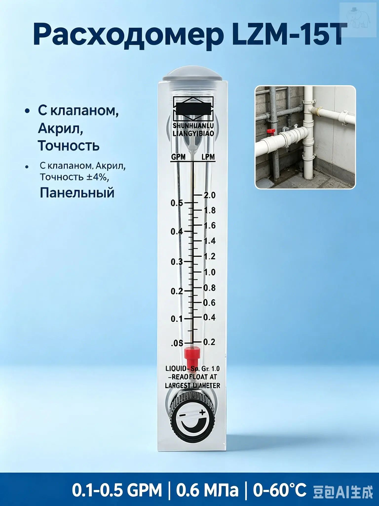 Расходомер жидкости панельный LZM-15T 0.1-0.5 GPM с регулируемым клапаном, акриловый ротаметр для воды и систем очистки