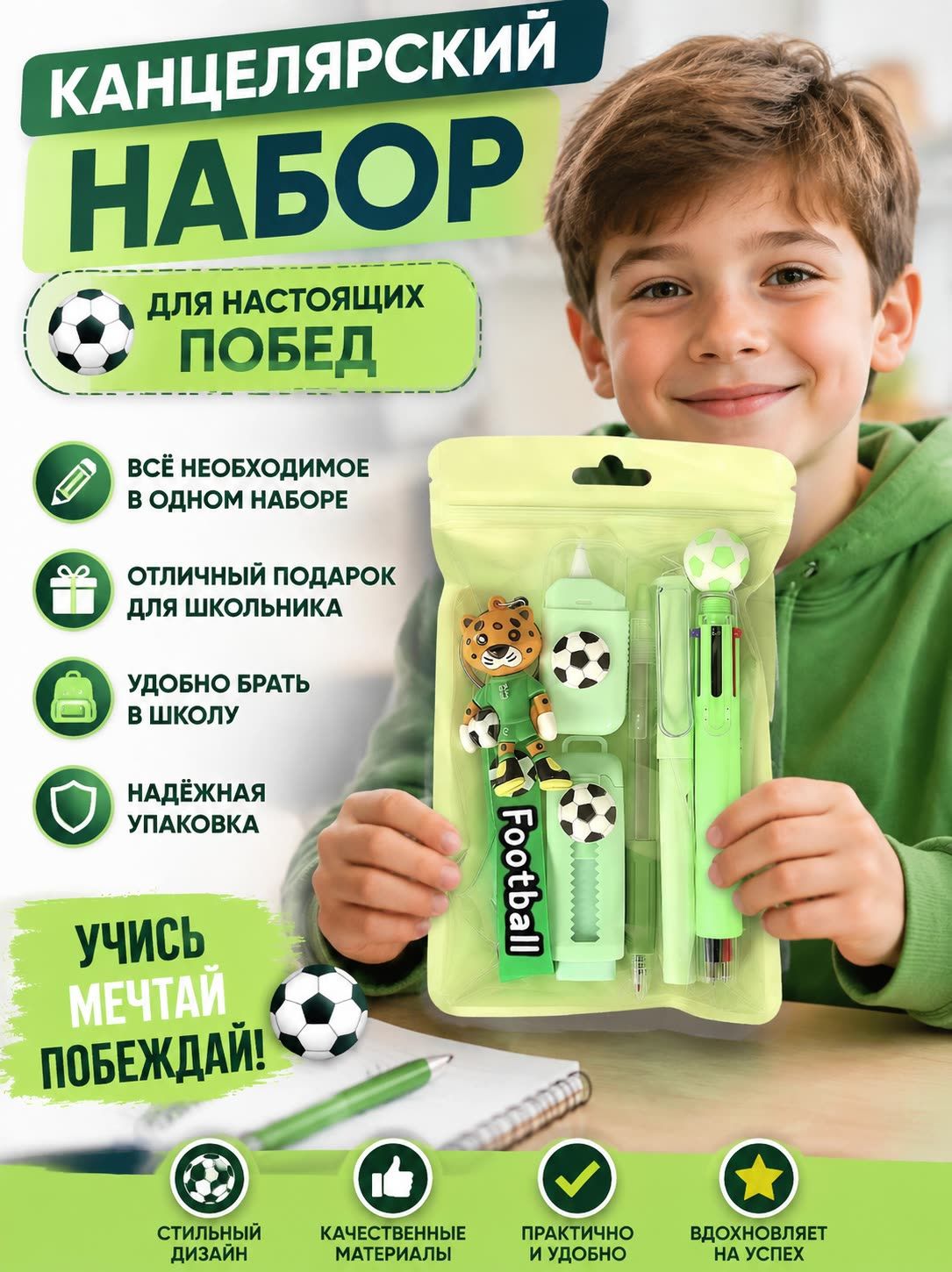 Канцелярский набор, комплект, зелёный
