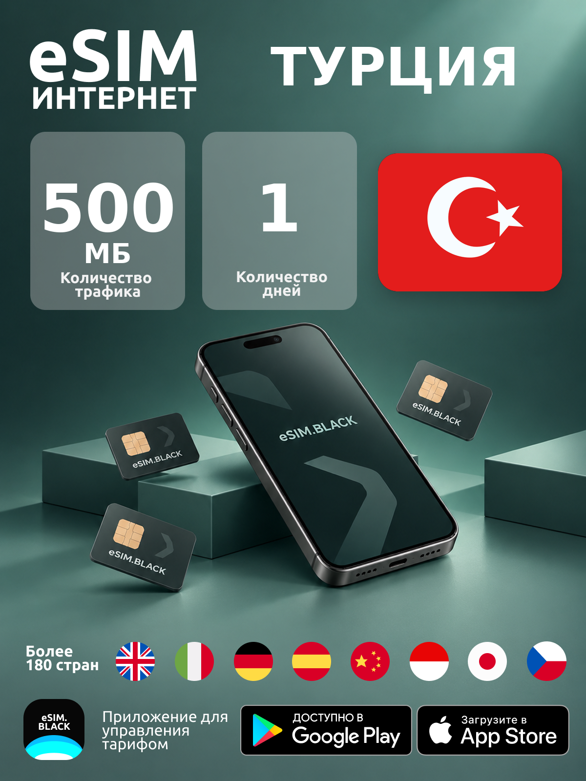 Турция/1 день/500 МБ - eSIM для мобильного интернета ( iPhone | Android ).