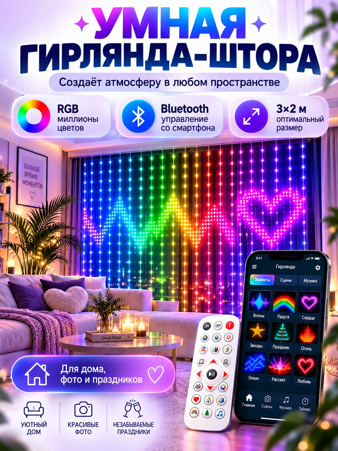 Умная гирлянда штора премиум 3х2 м занавес управлением с телефона + пульт ДУ / Смарт музыкальная гирлянда RGB 100 режимов, разноцветный