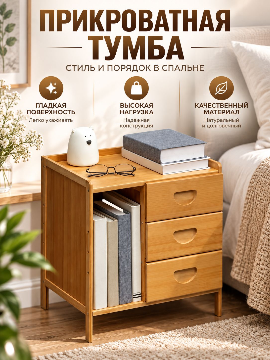 Прикроватная тумба из бамбука с ящиками, ночной комод для спальни, органайзер для хранения книг и мелочей
