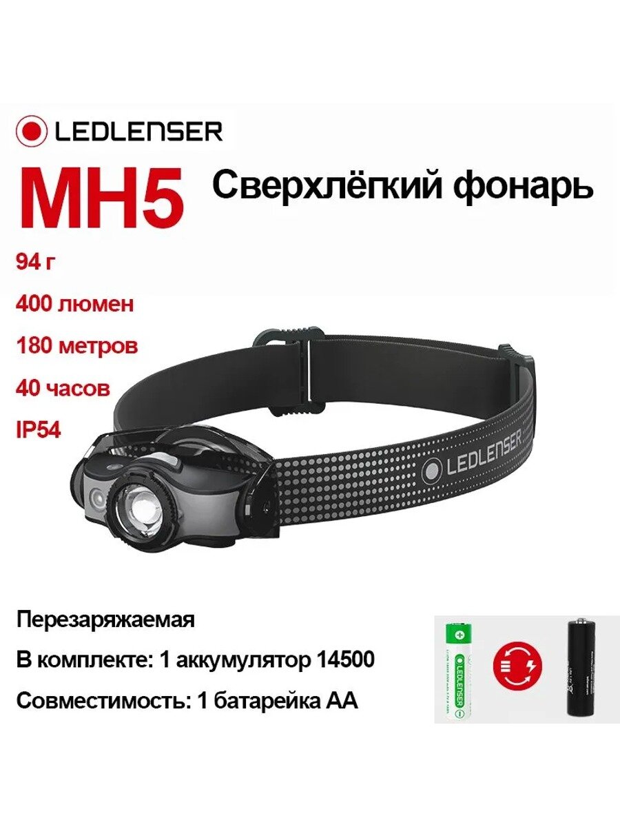 Налобный фонарь 400 люмен, 180 метров, 40 часов, IP54, 94 г, черный