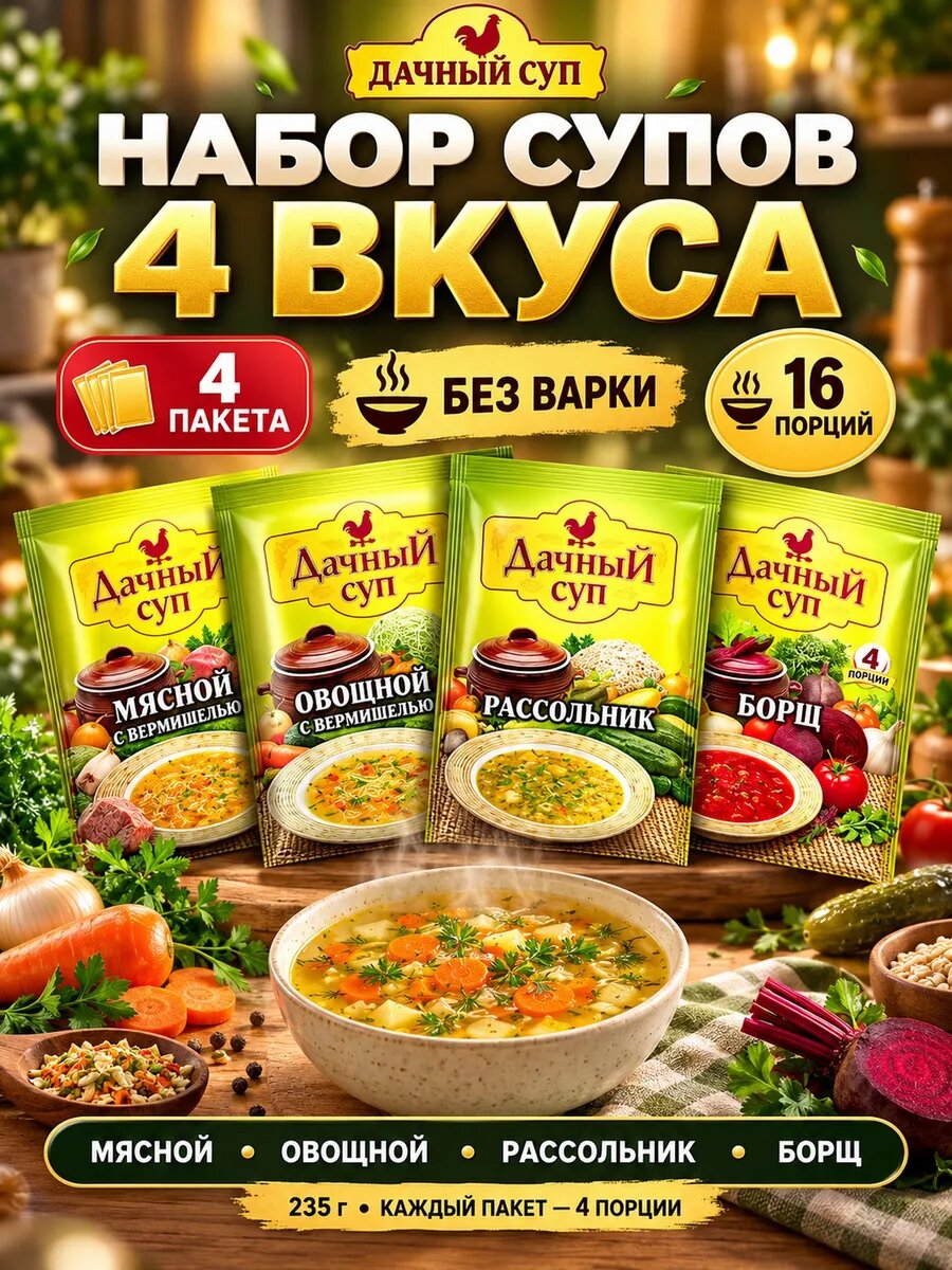 Набор супов 4 вкуса мясной овощной рассольник борщ 235г — супы быстрого приготовления