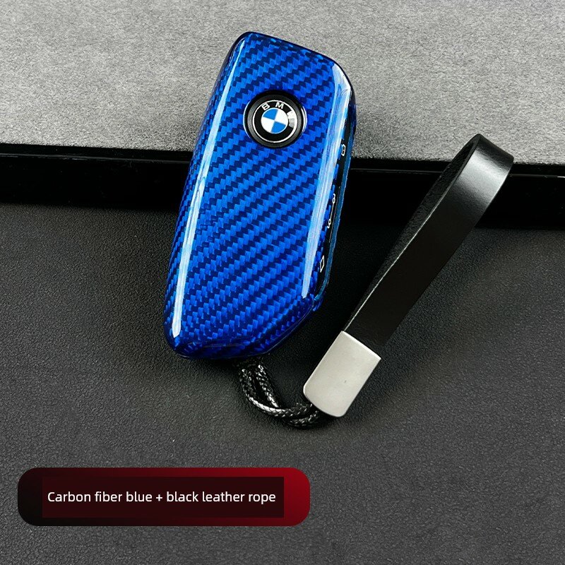 Чехол для ключа из углеродного волокна для BMW 5 Series с кожаным шнуром, синий премиум аксессуар