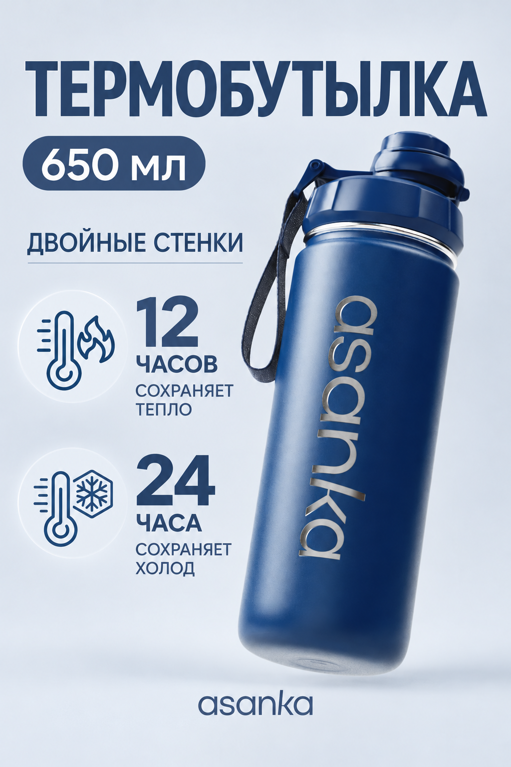 Термобутылка для воды спортивная ASANKA, нержавеющая сталь, 650мл , синяя