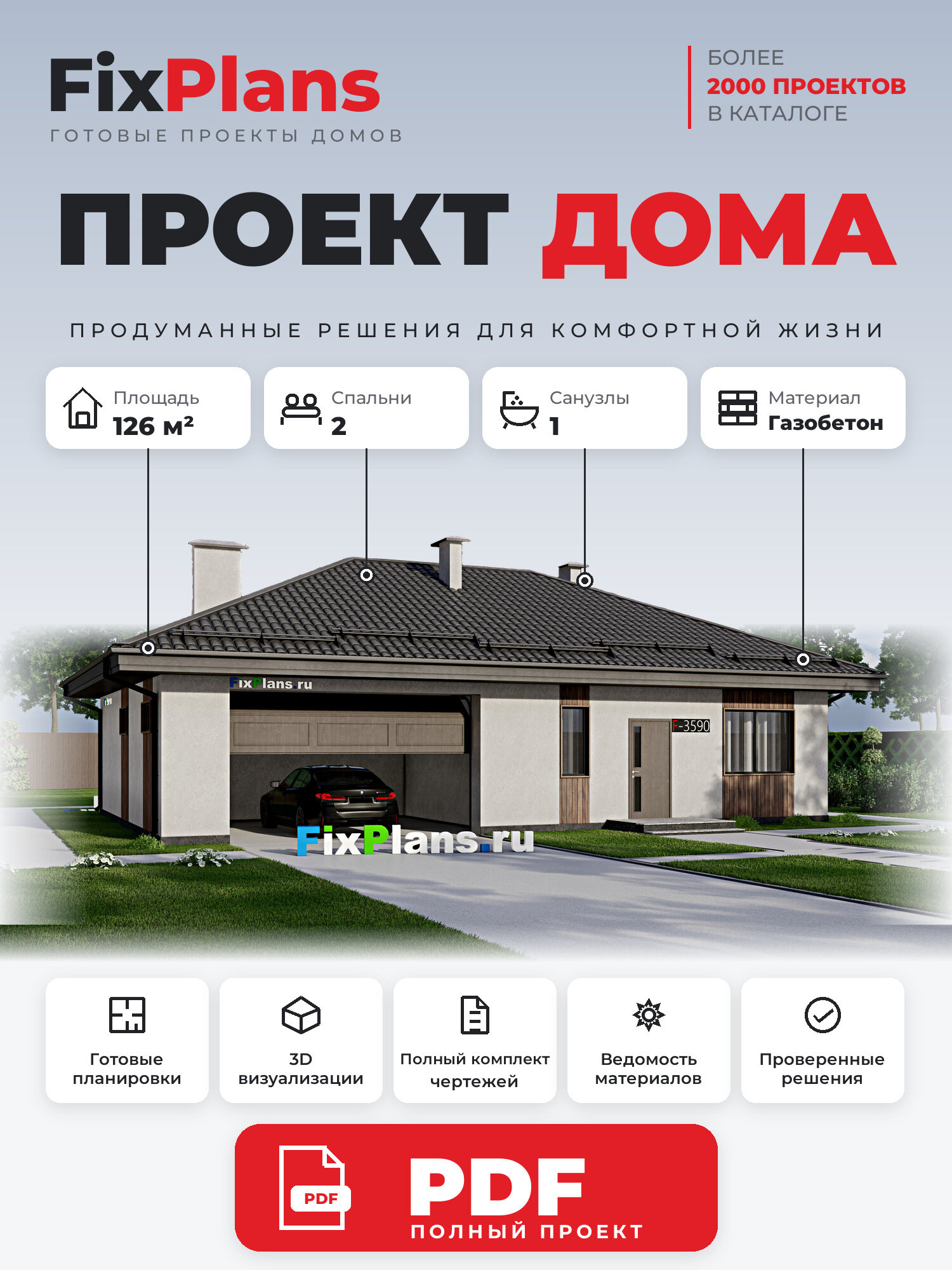 Проект дома FIXPLANS. Одноэтажный. Площадь 122.98 м2 F-3590 Размер 15.11 х 10.3