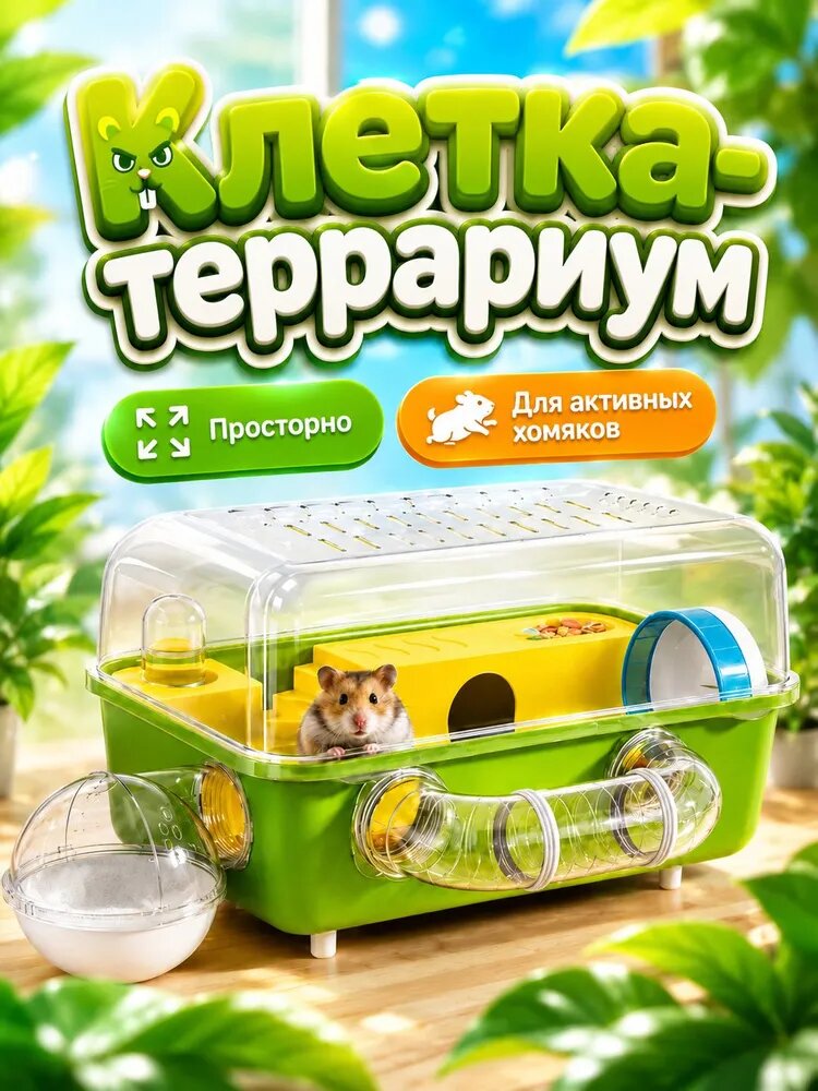 Клетка-террариум для хомяка джунгарского, мышей и мелких грызунов с домиком, колесом и поилкой