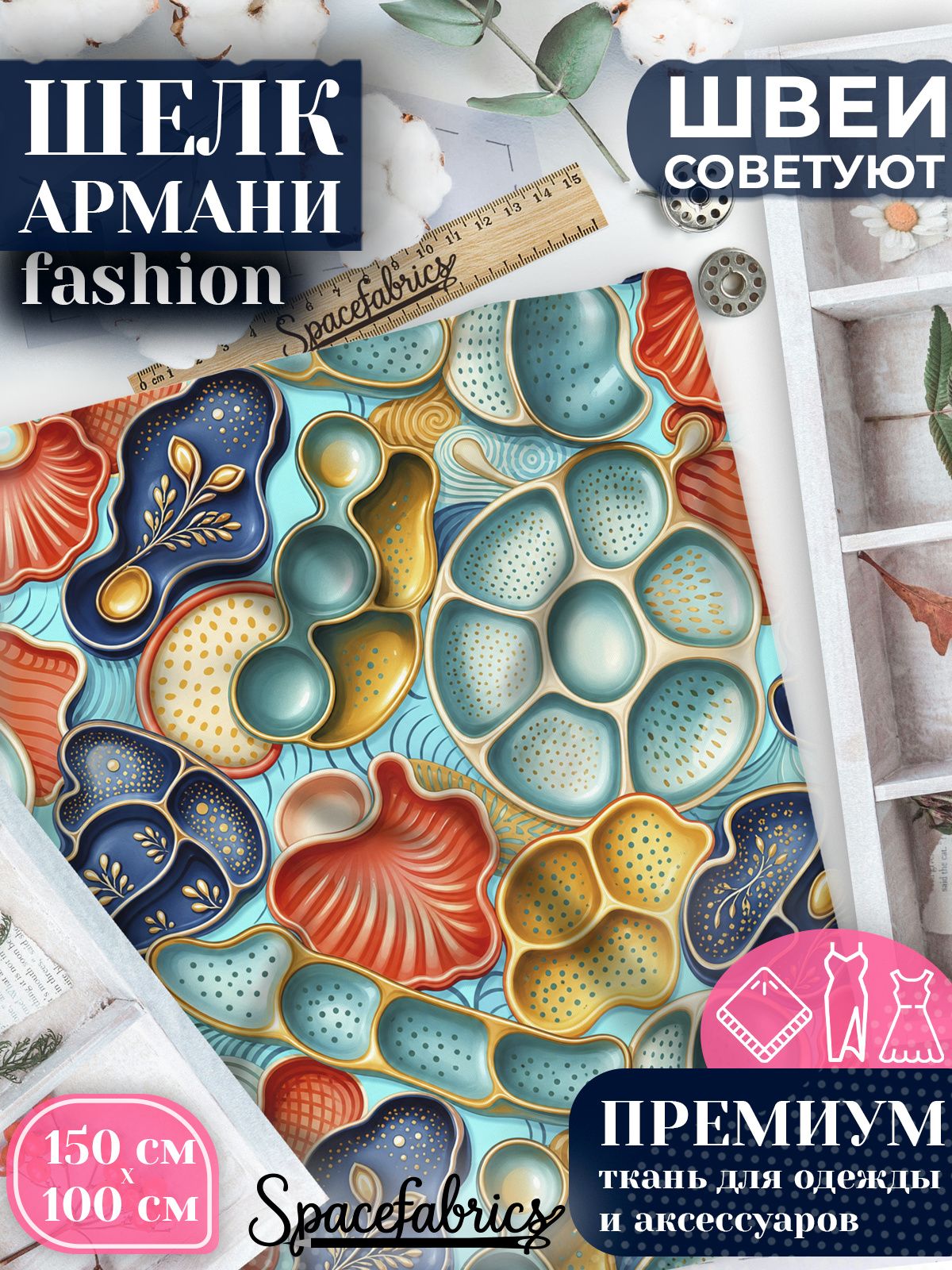Ткань для шитья шелк Армани, искусственный атлас шелк для костюмов, платьев, юбок с принтом Посуда