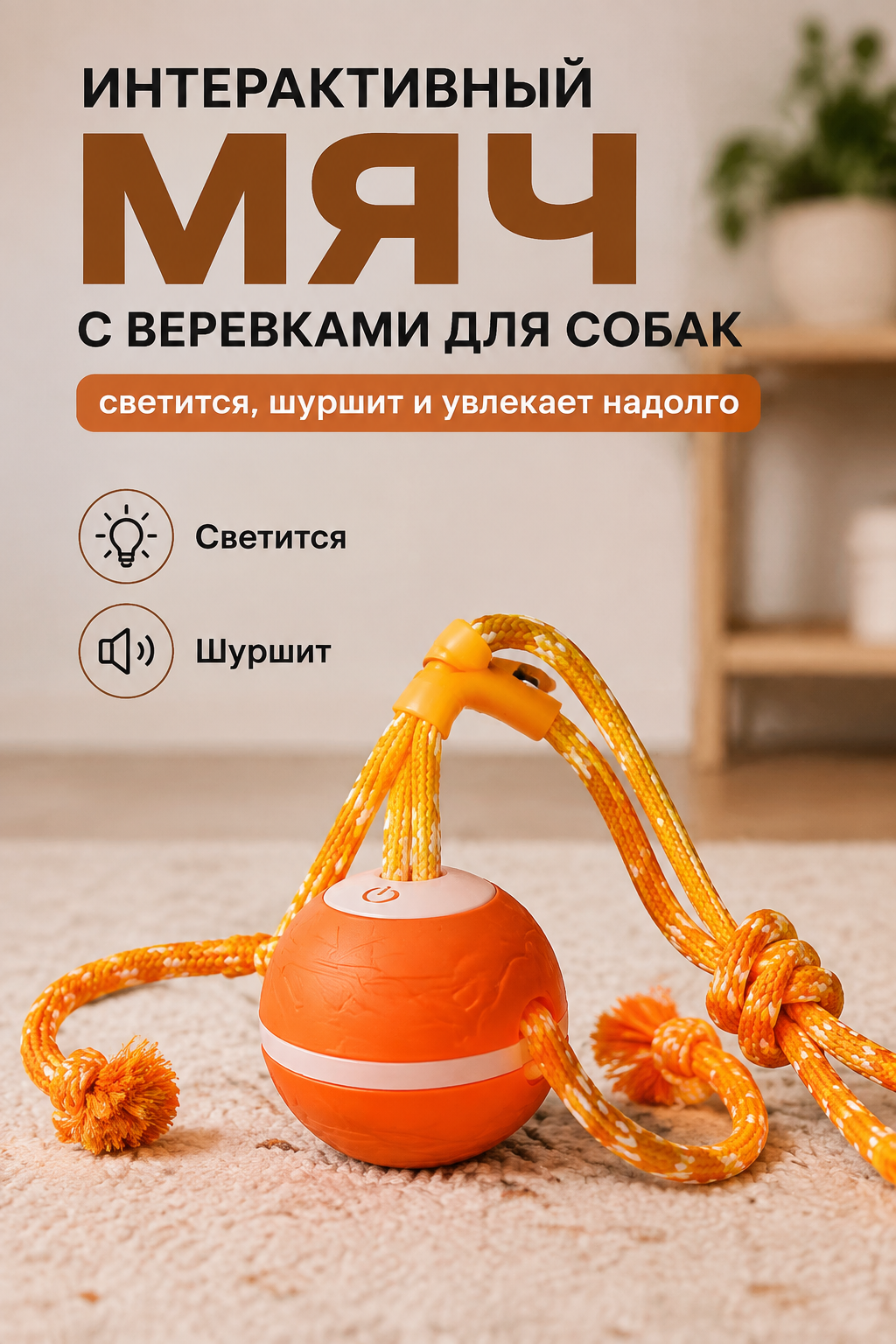 Интерактивный мяч с веревками для собак, светящийся и шуршащий, для игр дома