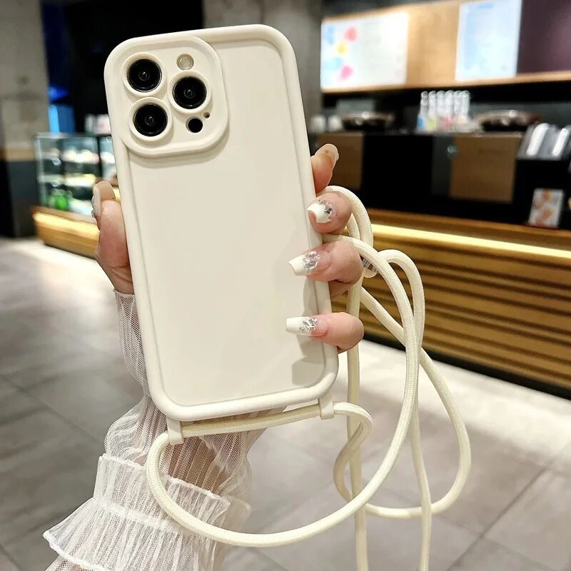 Чехлы для телефонов с ремешком для iPhone 17, 16, 15, 14, 13, 12 Pro Айфон 14 Про Макс, Белый, White