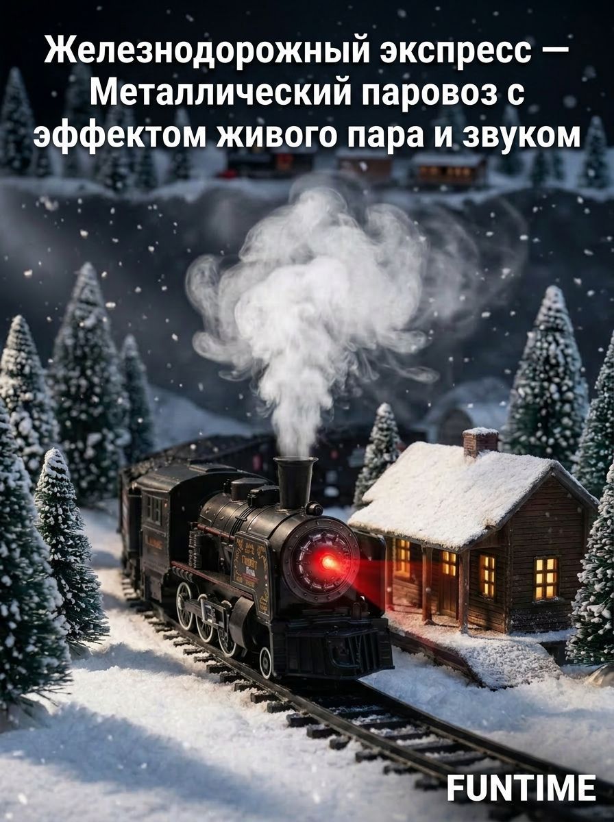 Железная дорога детская с электропоездом металлический паровоз, дым, светящийся прожектор, звук