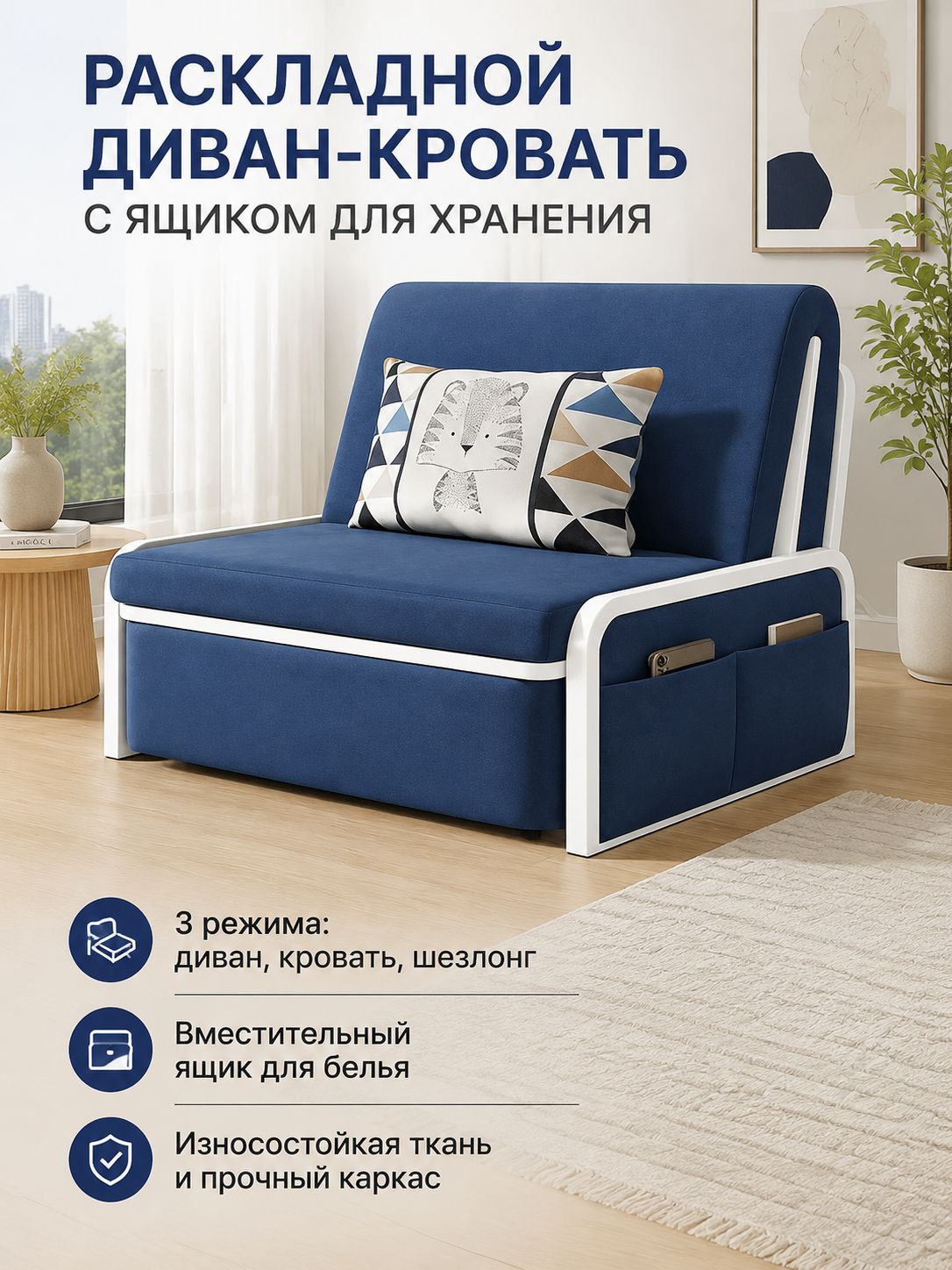 Раскладной диван-кровать с ящиком для хранения, 100 см, обивка из хлопка и льна, темно-синий, белый каркас
