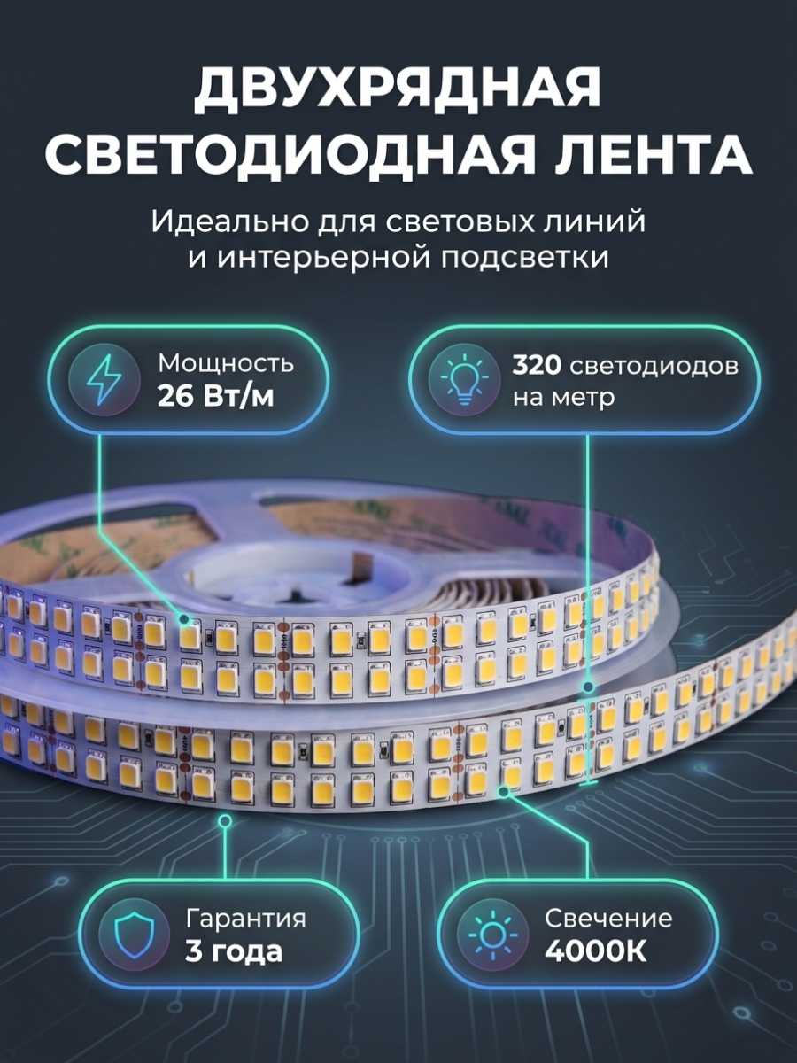 Светодиодная лента 26 Вт/м, 320 светодиодов на 1 м, 4000k