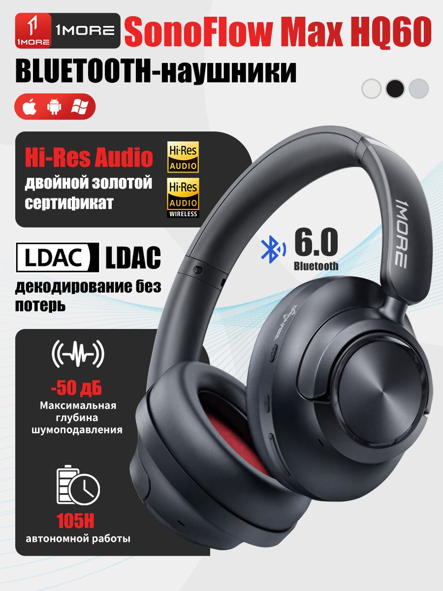1MORE Наушники с микрофоном SonoFlow Max HQ60, Bluetooth, 3.5 мм, USB Type-C, черный, темно-серый