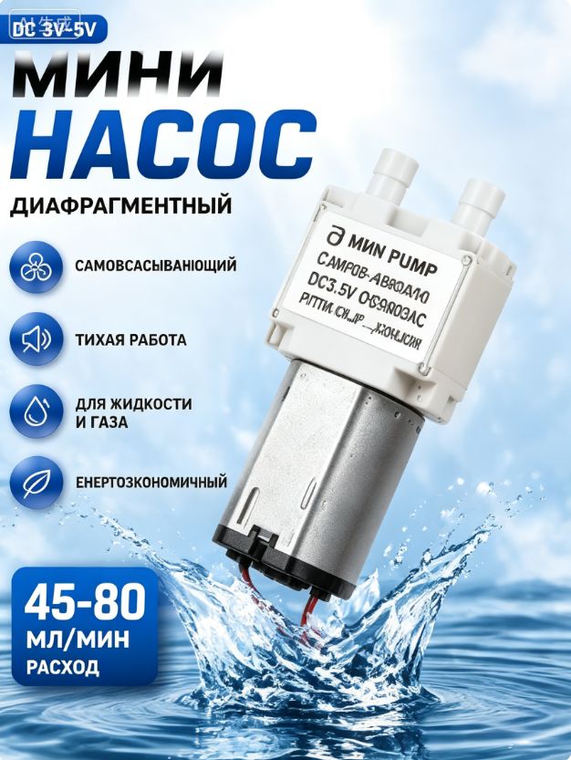 Микронасос для Arduino и DIY проектов, 030 мотор, питание 3-5В, встроенный обратный клапан, до 80 мл/мин