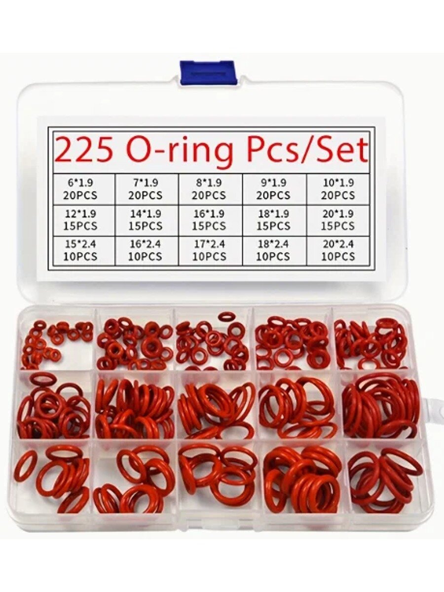 Набор силиконовых колец O-ring красный VMO 225шт, для авто, кофемашины, крышек, шлангов