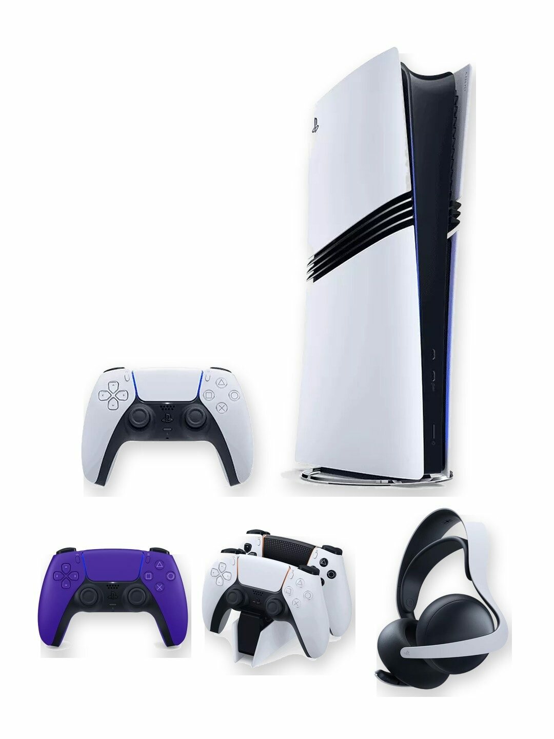 Игровая приставка Sony PlayStation 5 Pro 2 ТБ без дисковода, белая, японская версия + 2-й геймпад DualSense Galactic Purple + зарядная станция + гарнитура Pulse Elite