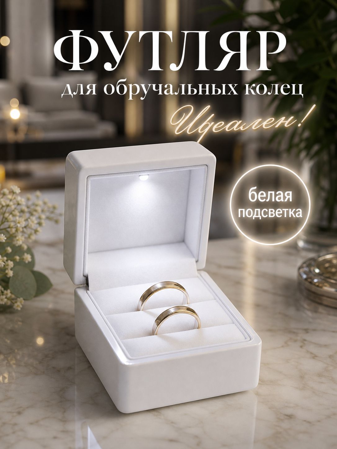 Подарочный футляр шкатулка для обручальных колец на свадьбу с подсветкой