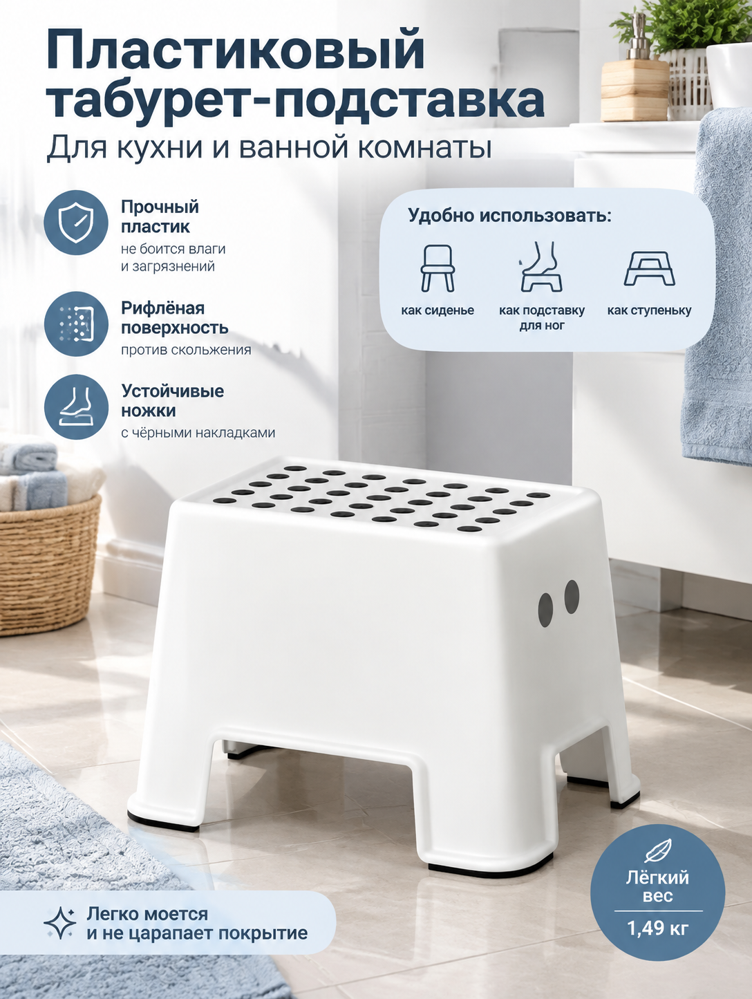 Пластиковый табурет-подставка белого цвета с рифлёным сиденьем для кухни и ванной комнаты