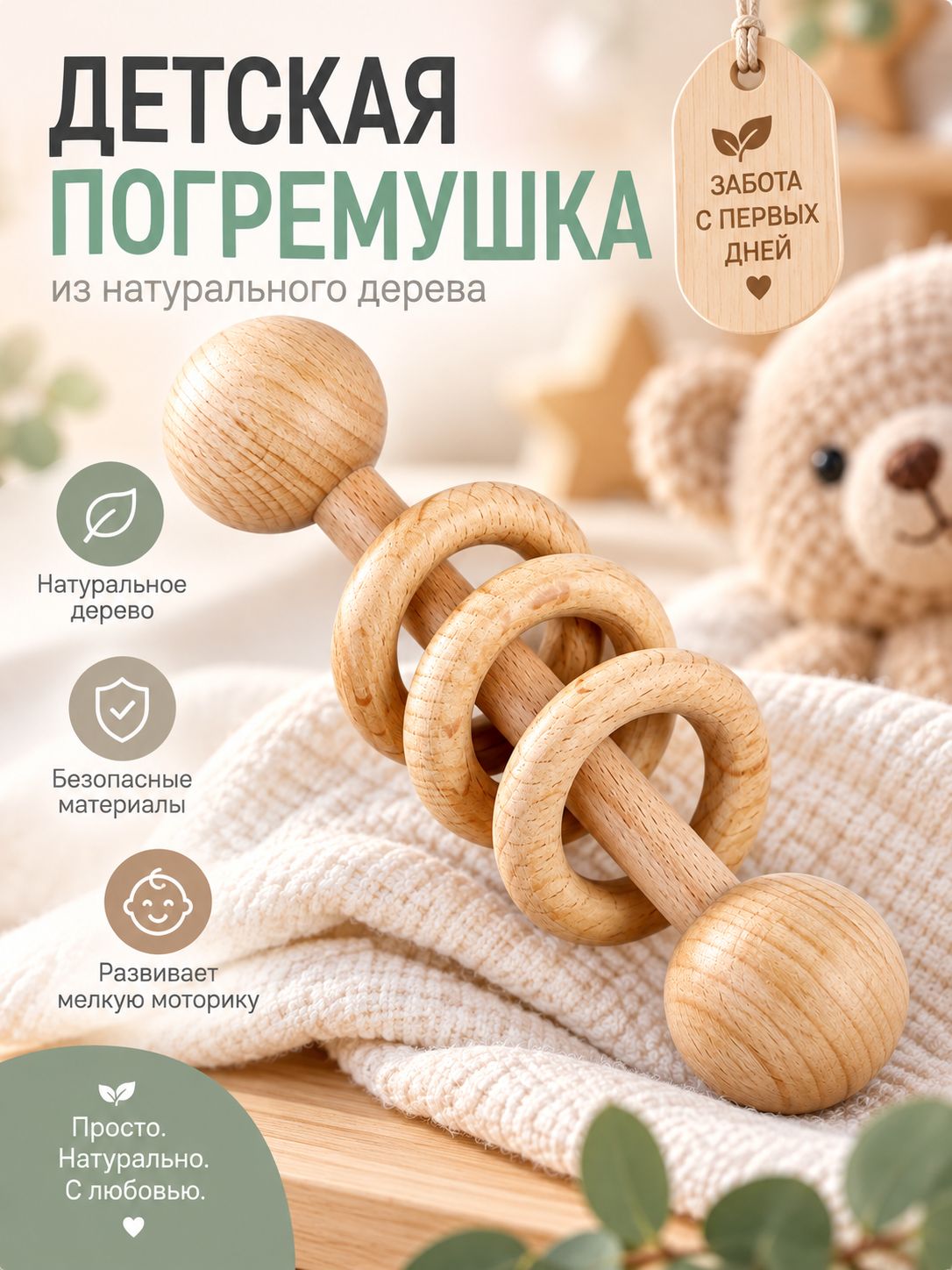 Погремушка деревянная из бука монтессори