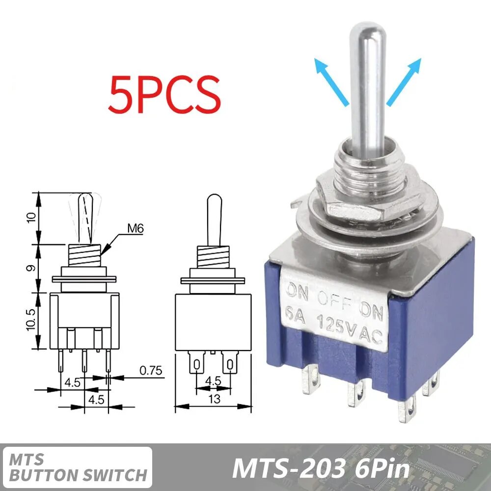 5PCS синий MTS-203 203 Переключатель 6A 125VAC ON-OFF-ON SPDT 6 мм мини-переключатель DPDT