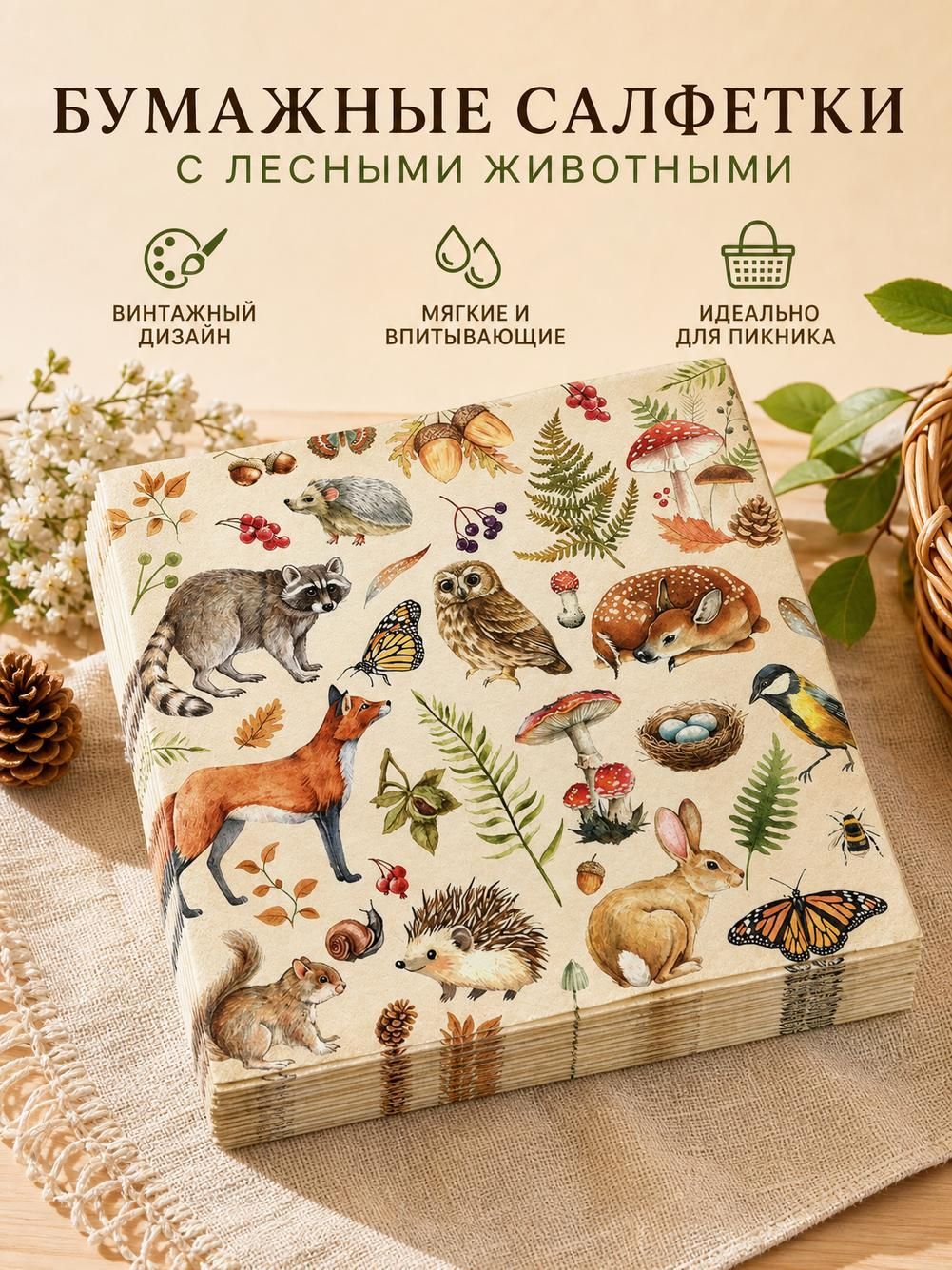 Салфетки в форме животных с лесной тематикой