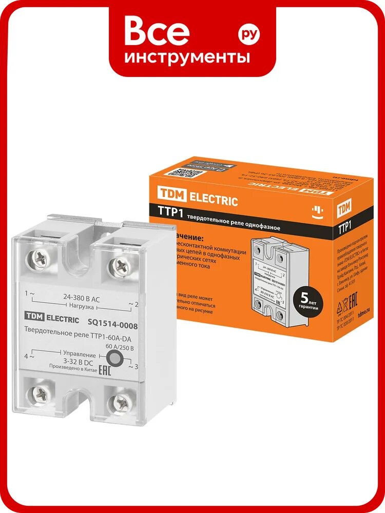 Твердотельное реле TDM ELECTRIC ТТР1-60А-DА, 1ф, 60А, упр: 3-32В DС, нагр: 24-380В АС SQ1514-0008