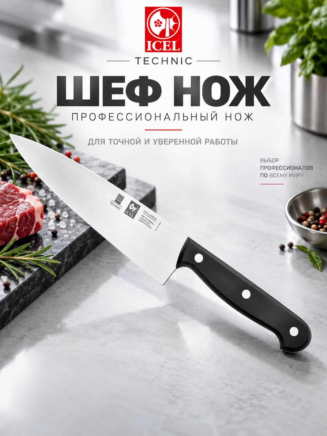 Нож поварской ICEL TECHNIC 180/310мм, нержавеющая сталь, черный