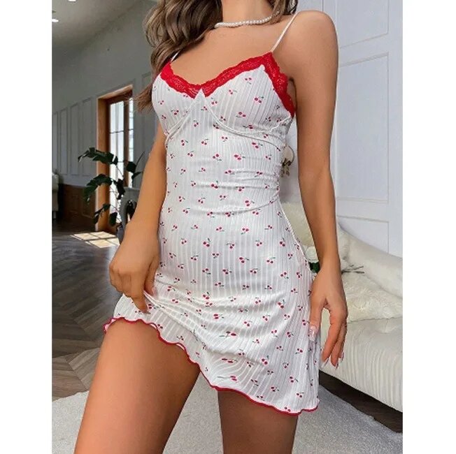 Женская пижама-платье с принтом в виде сердечек, кружевной отделкой, сексуальная Белый, S, white 3