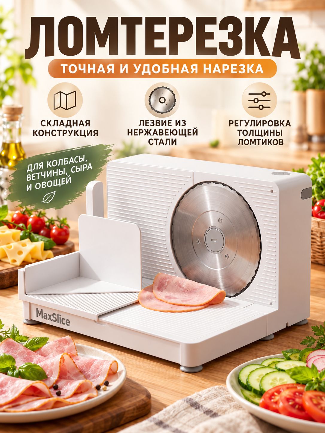 Ломтерезка складная для дома, нержавеющий диск, регулировка толщины, удобная нарезка ветчины, сыра и овощей