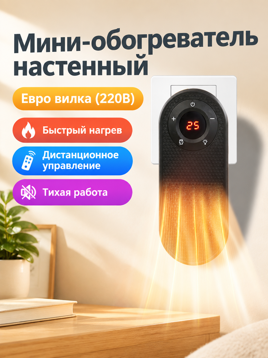 Настенный и настольный тепловентилятор с пультом ДУ, керамический нагрев PTC, цветная LED подсветка, черный корпус, евро вилка 220В