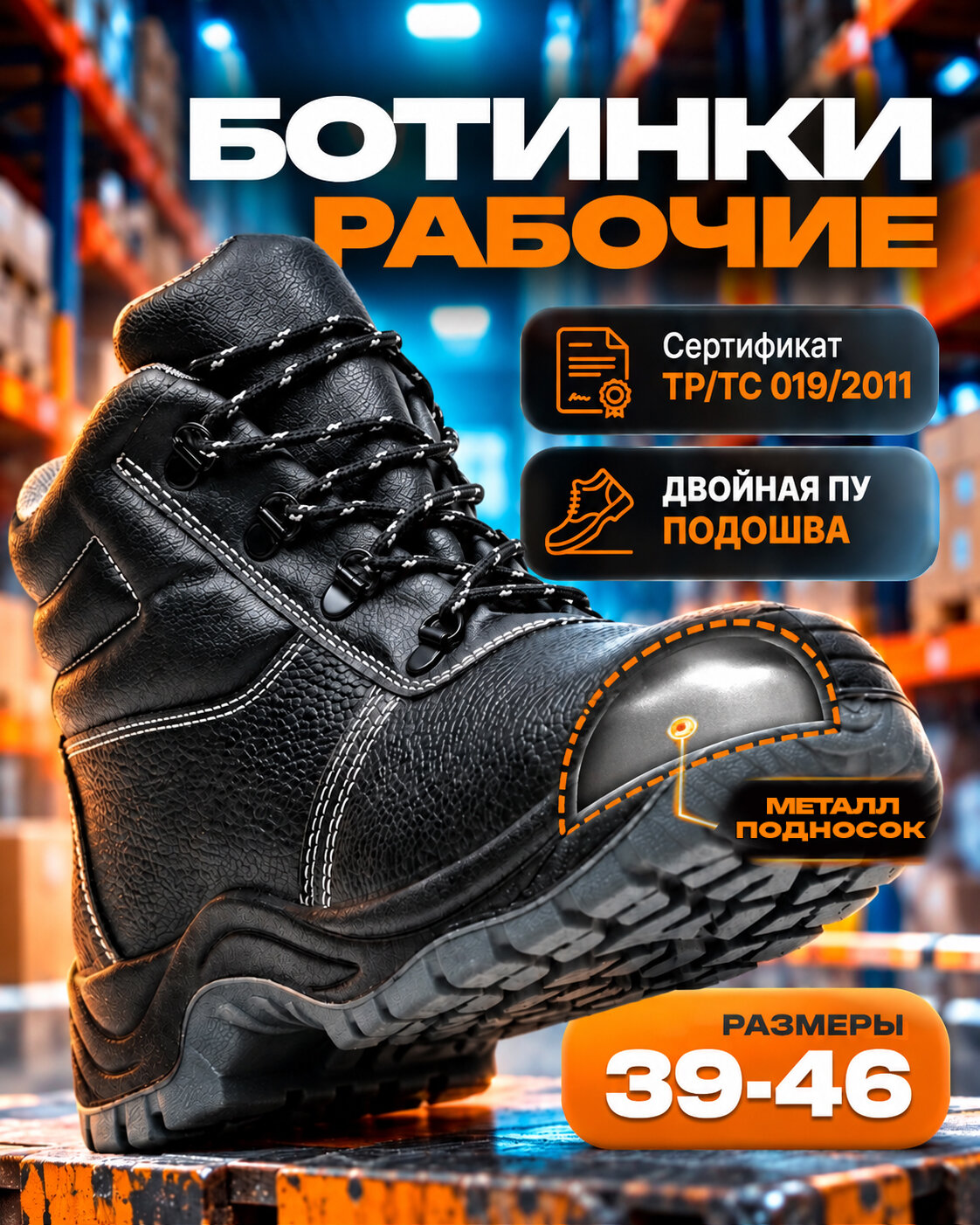 Ботинки рабочие демисезонные с металлоносом подошва двойная пу/пу -42