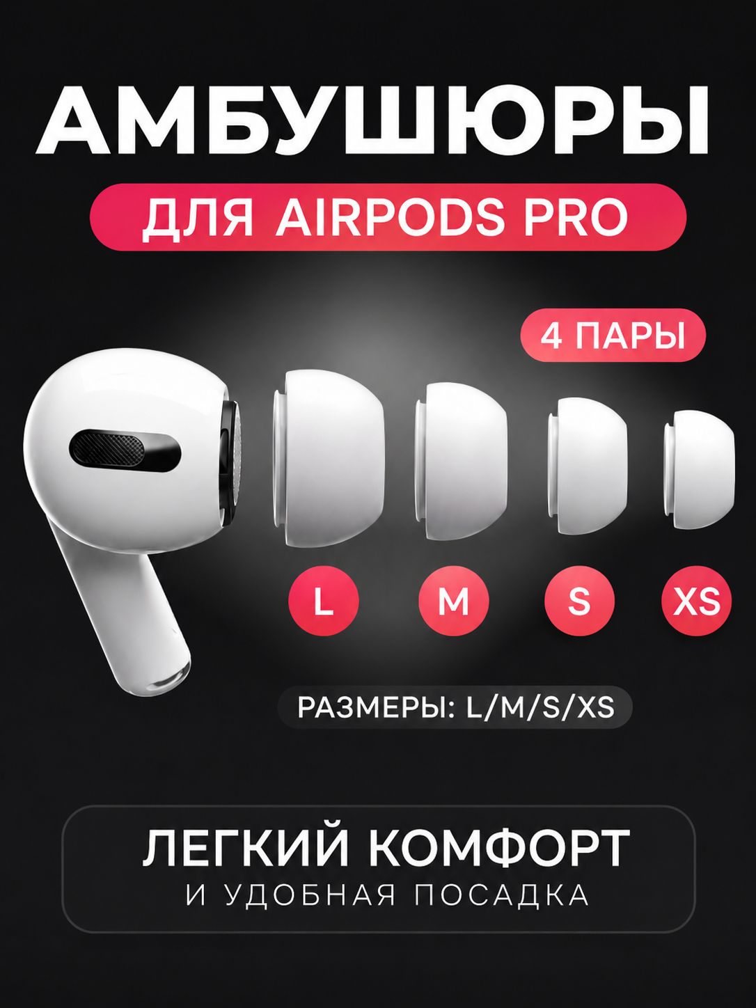 Насадки для наушников AirPods Pro/Pro2, амбушюры 4 пары, размеры XS, S, M, L, белые