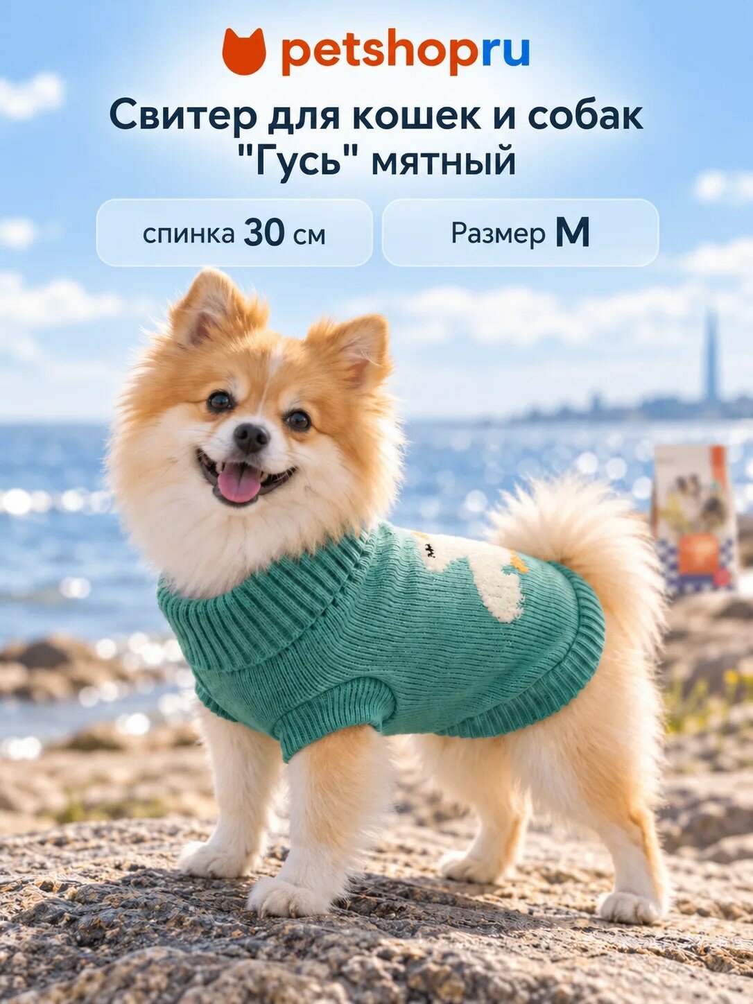 Tappi одежда Свитер для кошек и собак "Гусь" мятный, размер M, спинка 30см