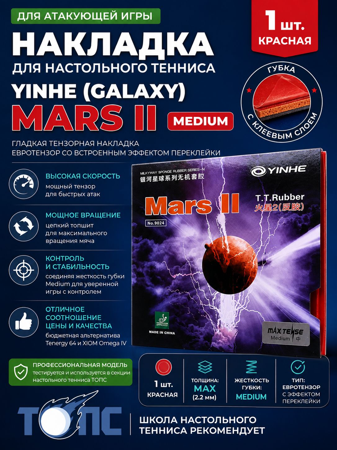 Накладка для настольного тенниса Yinhe (Galaxy) Mars II Medium красная MAX 2.2 мм, гладкая тензорная резина для ракетки, евротензор, высокая скорость, вращение, контроль, 1 шт.