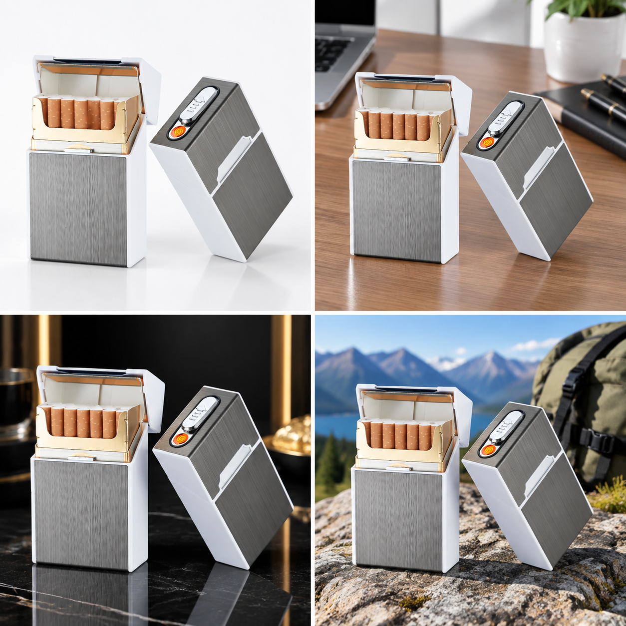 FatCat silver metal cigarette case with built in USB rechargeable lighter magnetic lid 10x6x3 cm 0.18L volume portable pocket smoking holder windproof flameless gift idea