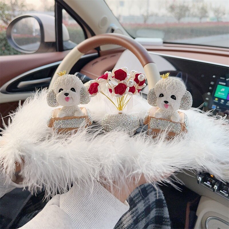2 шт тедди с кристаллами и короной для авто с красным цветком из кристаллов и большим пушистым ковриком