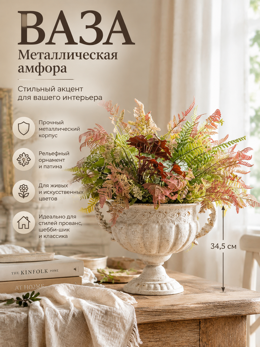 Металлическая ваза-амфора белая 34,5 см на ножке с ручками для цветов и декора интерьера