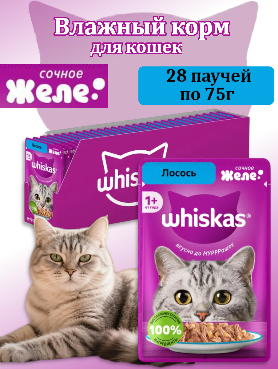 Влажный корм для кошек WHISKAS Желе с лососем, 28 паучей по 75г